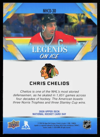 2026 2026 Upper Deck National Hockey Card Day Chris Chelios Hockey card — Back thumbnail