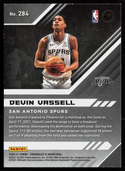 2020 2020-21 Panini Chronicles Devin Vassell Basketball card — Back thumbnail