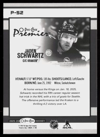 2025 2025-26 O-Pee-Chee Jaden Schwartz Hockey card — Back thumbnail