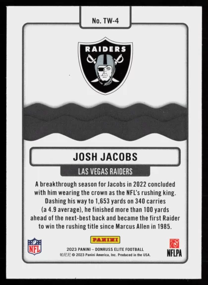 2023 2023 Donruss Elite Josh Jacobs Football card — Back thumbnail