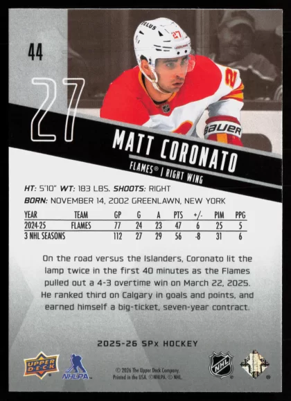 2025 2025-26 SPx Matt Coronato Hockey card — Back thumbnail