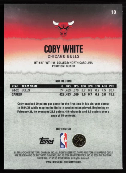 2025 2025-26 Topps Signature Class Coby White Basketball card — Back thumbnail