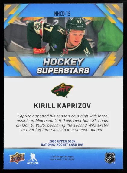 2026 2026 Upper Deck National Hockey Card Day Kirill Kaprizov Hockey card — Back thumbnail