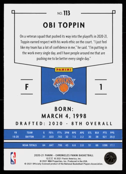 2020 2020-21 Panini Chronicles Obi Toppin Basketball card — Back thumbnail