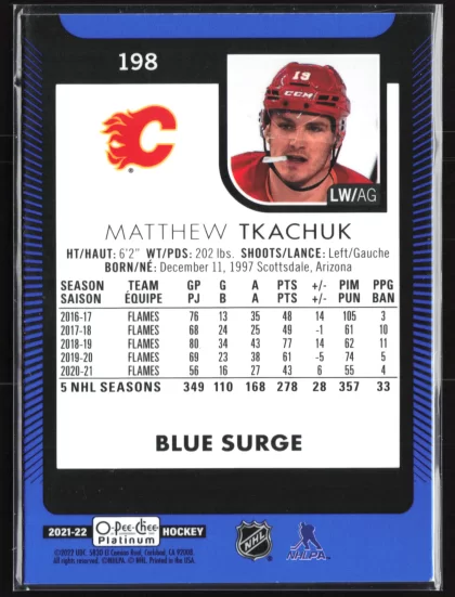 2021 2021-22 O-Pee-Chee Platinum Matthew Tkachuk Hockey card — Back thumbnail