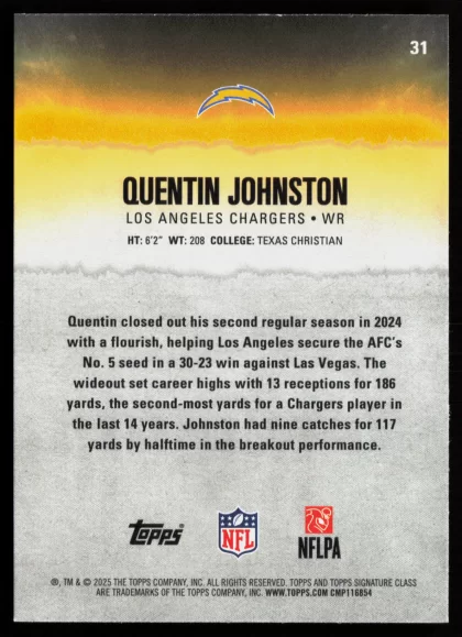 2025 2025 Topps Signature Class Quentin Johnston Football card — Back thumbnail