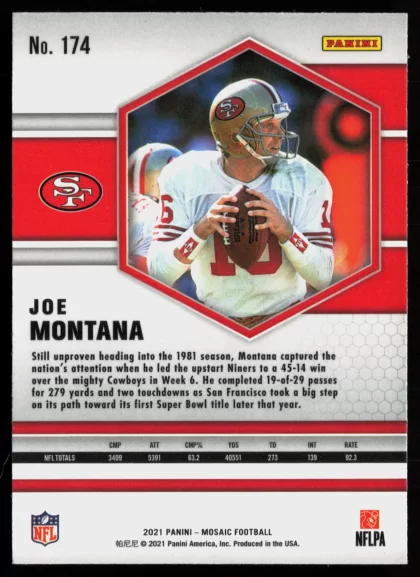 2021 2021 Panini Mosaic Joe Montana Football card — Back thumbnail