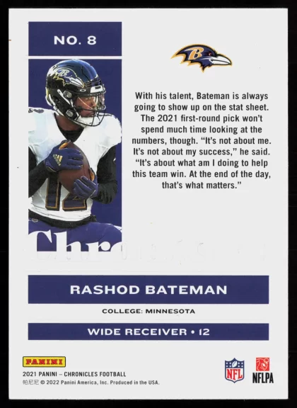 2021 2021 Panini Chronicles Rashod Bateman Football card — Back thumbnail