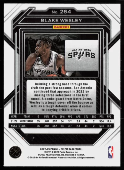 2022 2022-23 Panini Prizm Blake Wesley Basketball card — Back thumbnail