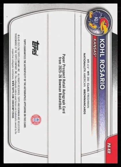 2025 2025-26 Bowman Kohl Rosario Basketball card — Back thumbnail