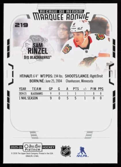 2025 2025-26 O-Pee-Chee Platinum Sam Rinzel Hockey card — Back thumbnail