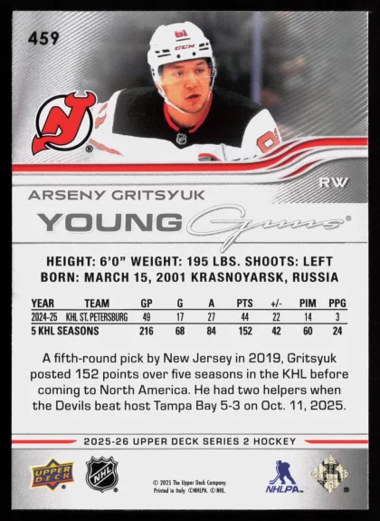 2025 2025-26 Upper Deck Arseni Gritsyuk Hockey card — Back thumbnail