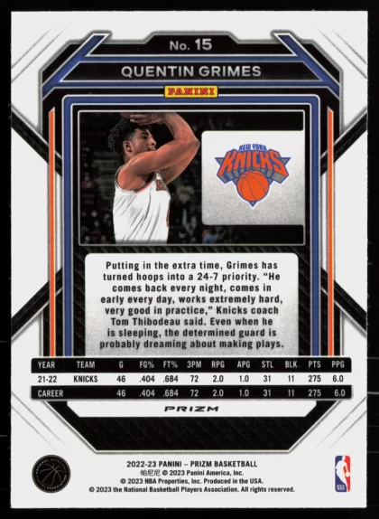 2022 2022-23 Panini Prizm Quentin Grimes Basketball card — Back thumbnail