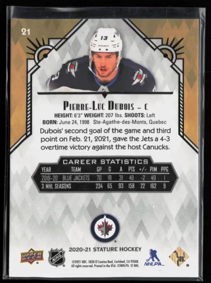 2020 2020-21 Upper Deck Stature Pierre-Luc Dubois Hockey card — Back thumbnail