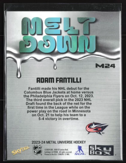 2023 2023-24 SkyBox Metal Universe Adam Fantilli Hockey card — Back thumbnail