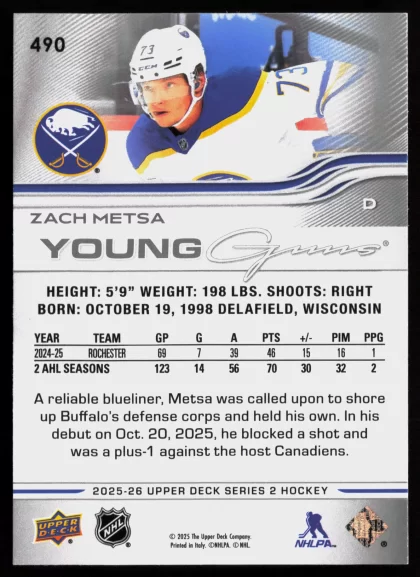 2025 2025-26 Upper Deck Zach Metsa Hockey card — Back thumbnail