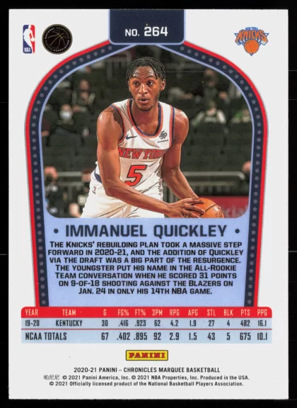 2020 2020-21 Panini Chronicles Immanuel Quickley Basketball card — Back thumbnail