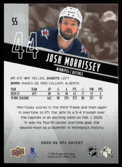 2025 2025-26 SPx Josh Morrissey Hockey card — Back thumbnail