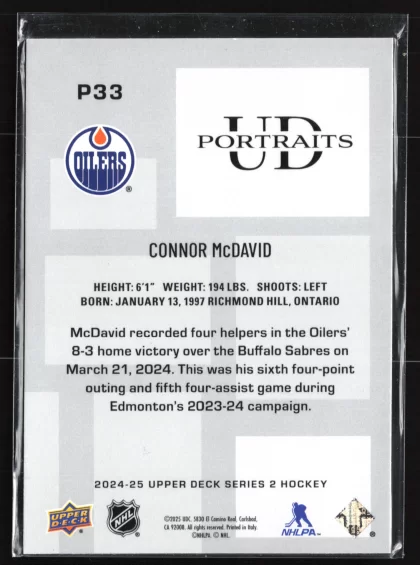 2024 2024-25 Upper Deck Connor McDavid Hockey card — Back thumbnail