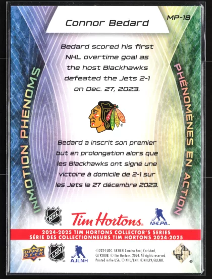 2024 2024-25 Upper Deck Tim Hortons Connor Bedard Hockey card — Back thumbnail