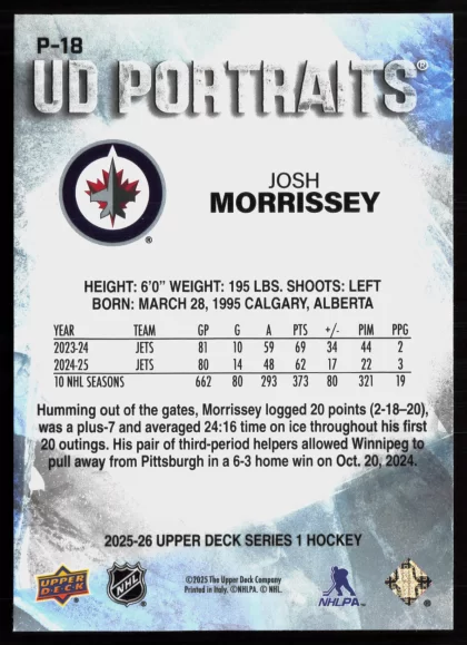 2025 2025-26 Upper Deck Josh Morrissey Hockey card — Back thumbnail