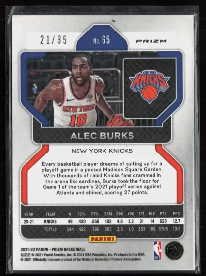 2021 2021-22 Panini Prizm Alec Burks Basketball card — Back thumbnail