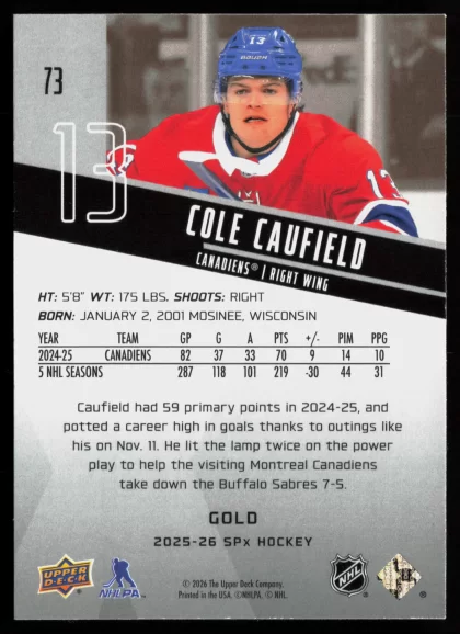 2025 2025-26 SPx Cole Caufield Hockey card — Back thumbnail