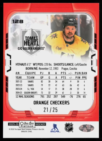 2025 2025-26 O-Pee-Chee Platinum Tomas Hertl Hockey card — Back thumbnail