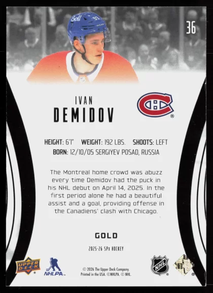 2025 2025-26 SPx Ivan Demidov Hockey card — Back thumbnail