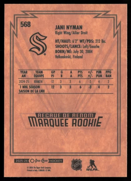 2025 2025-26 O-Pee-Chee Jani Nyman Hockey card — Back thumbnail