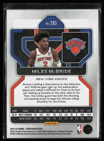 2021 2021-22 Panini Prizm Miles McBride Basketball card — Back thumbnail