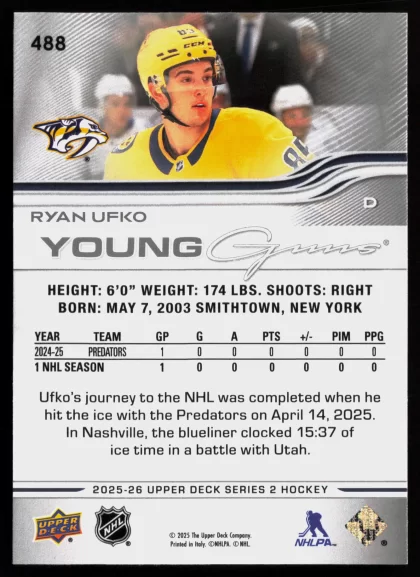 2025 2025-26 Upper Deck Ryan Ufko Hockey card — Back thumbnail