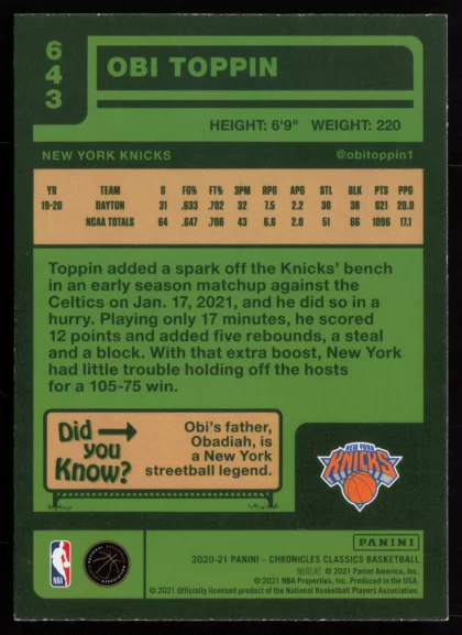 2020 2020-21 Panini Chronicles Obi Toppin Basketball card — Back thumbnail
