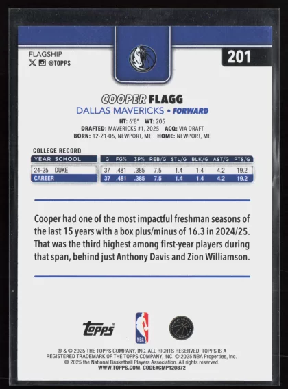 2025 2025-26 Topps Cooper Flagg Basketball card — Back thumbnail