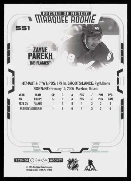 2025 2025-26 O-Pee-Chee Zayne Parekh Hockey card — Back thumbnail