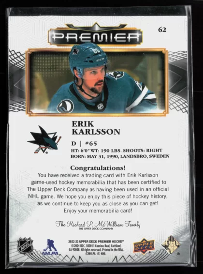 2022 2022-23 Upper Deck Premier Erik Karlsson Hockey card — Back thumbnail