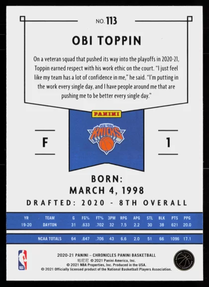 2020 2020-21 Panini Chronicles Obi Toppin Basketball card — Back thumbnail
