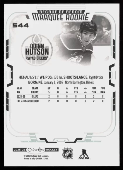 2025 2025-26 O-Pee-Chee Quinn Hutson Hockey card — Back thumbnail