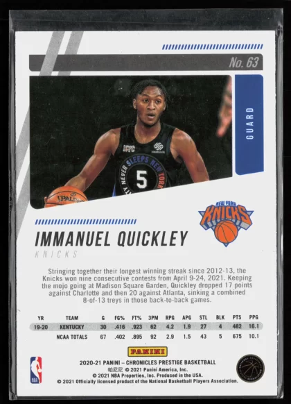 2020 2020-21 Panini Chronicles Immanuel Quickley Basketball card — Back thumbnail