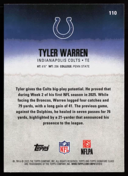 2025 2025 Topps Signature Class Tyler Warren Football card — Back thumbnail
