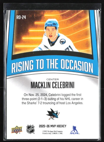2025 2025-26 Upper Deck MVP Macklin Celebrini Hockey card — Back thumbnail