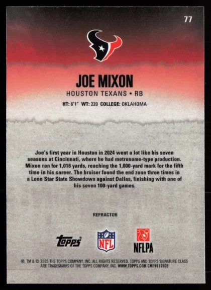 2025 2025 Topps Signature Class Joe Mixon Football card — Back thumbnail