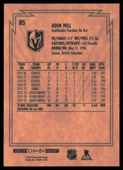 2025 2025-26 O-Pee-Chee Adin Hill Hockey card — Back thumbnail