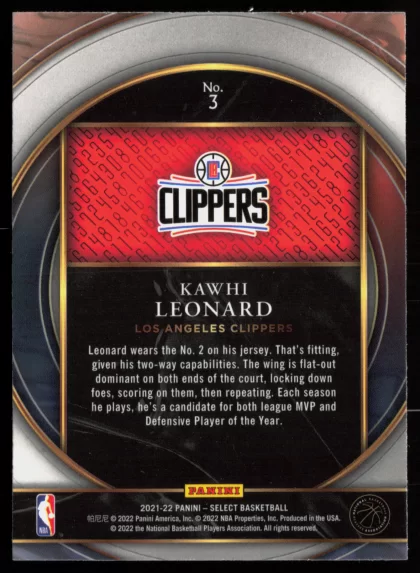 2021 2021-22 Panini Select Kawhi Leonard Basketball card — Back thumbnail