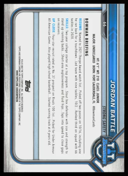 2021 2021-22 Bowman University Jordan Battle Football card — Back thumbnail