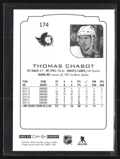 2022 2022-23 O-Pee-Chee Thomas Chabot Hockey card — Back thumbnail