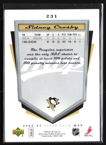 2006 2006-07 Upper Deck MVP Sidney Crosby Hockey card — Back thumbnail