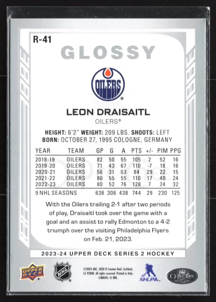 2023 2023-24 Upper Deck Leon Draisaitl Hockey card — Back thumbnail