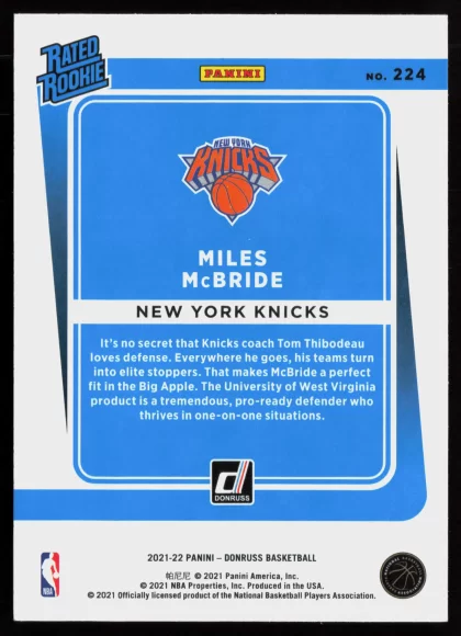 2021 2021-22 Donruss Miles McBride Basketball card — Back thumbnail