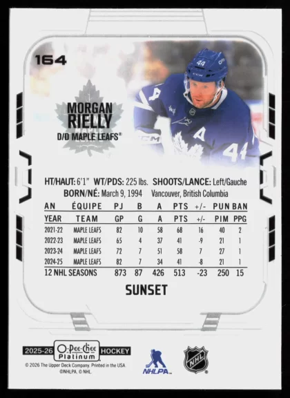 2025 2025-26 O-Pee-Chee Platinum Morgan Rielly Hockey card — Back thumbnail